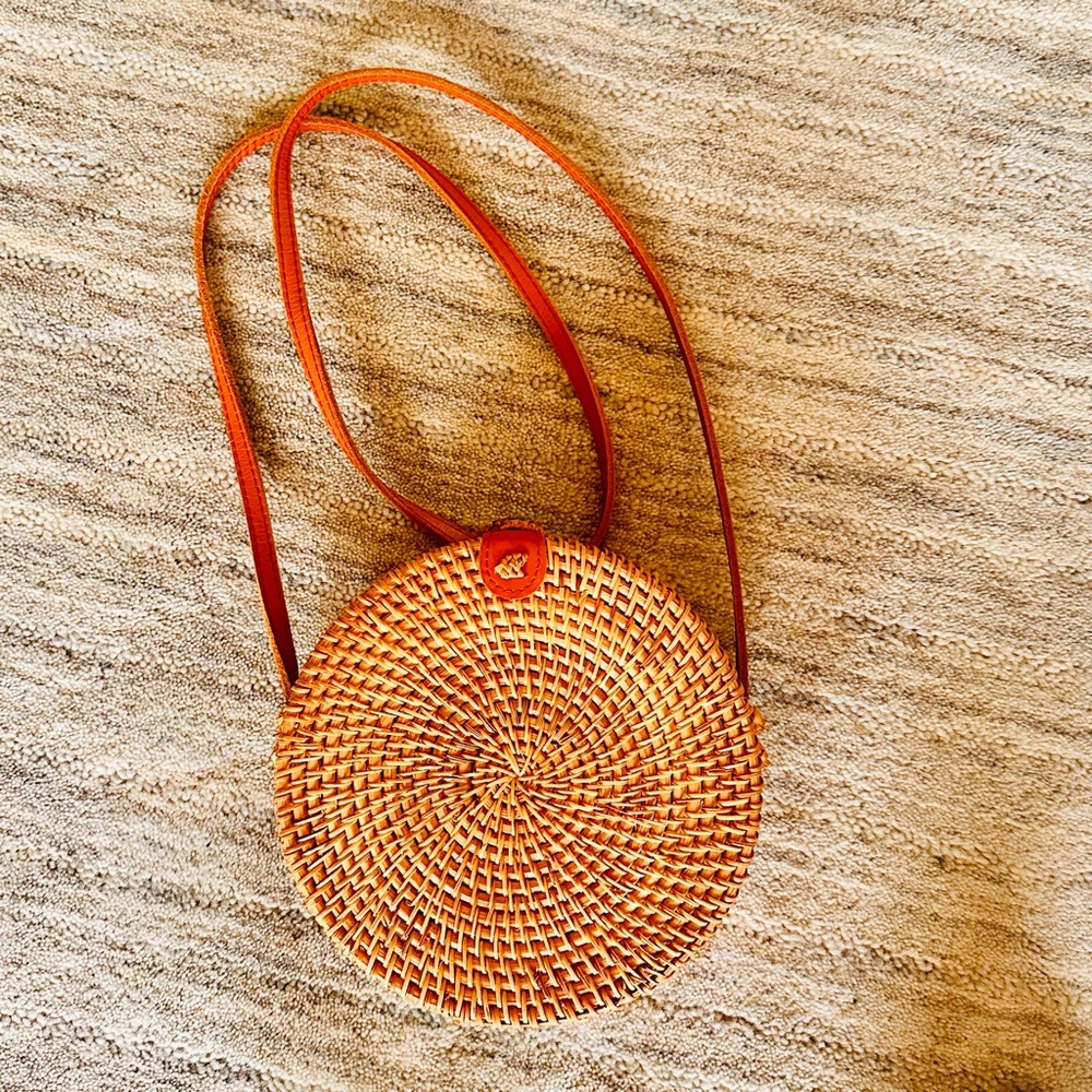 Woven Rattan Round Purse with Leather Strap and Tropical Lining